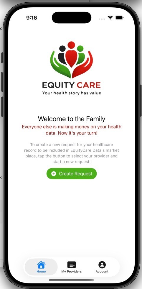 The Equity Care Data mobile app home screen, showing a button to create a new record request.